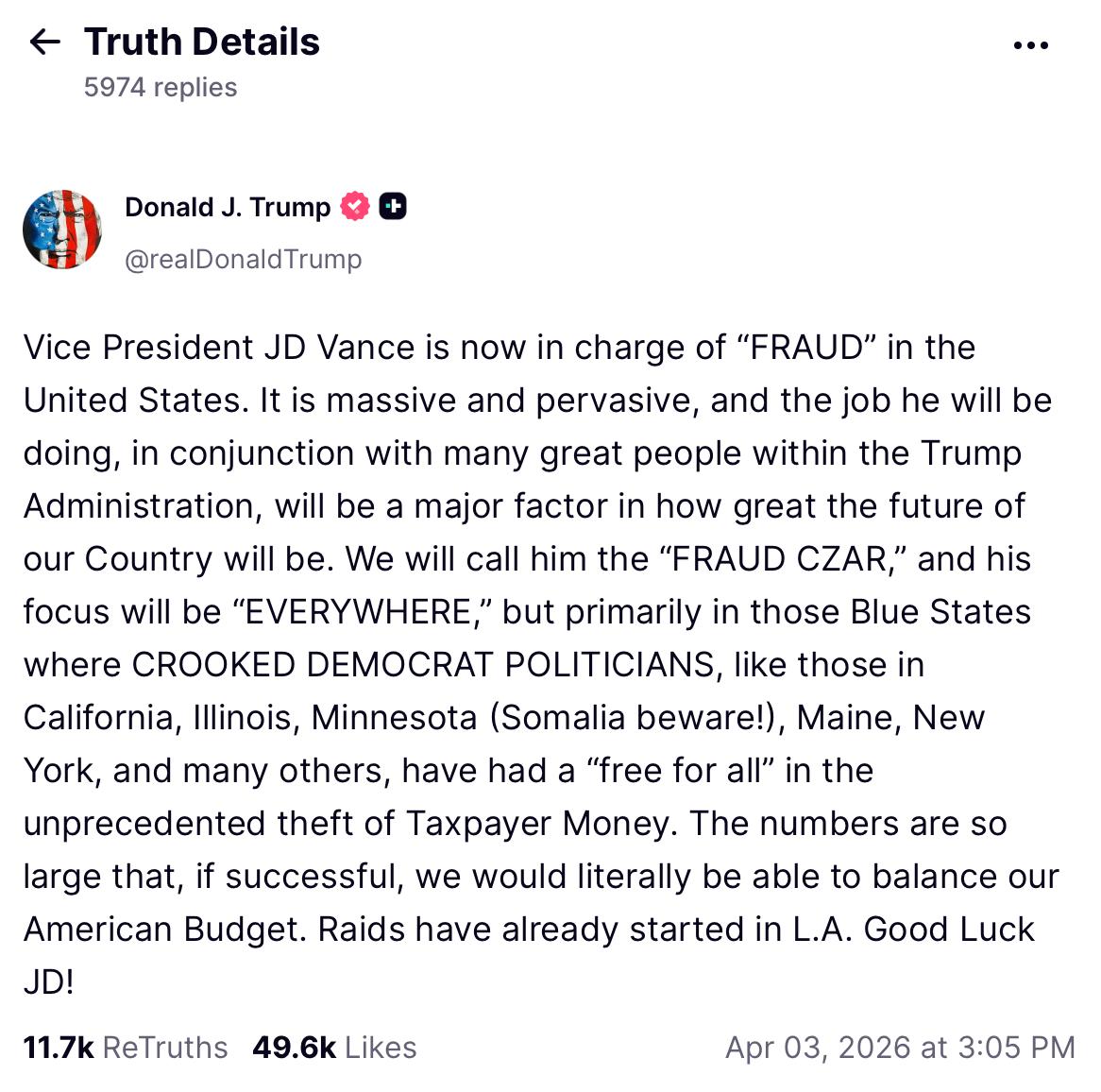 Трамп назначил вице-президента Джей Ди Вэнса "царем по борьбе с мошенничеством" и анонсировал рейды в "голубых штатах"